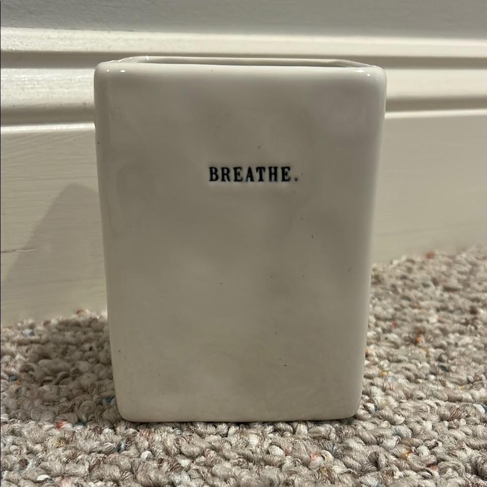 White Ceramic Vase with 'Breathe' Text